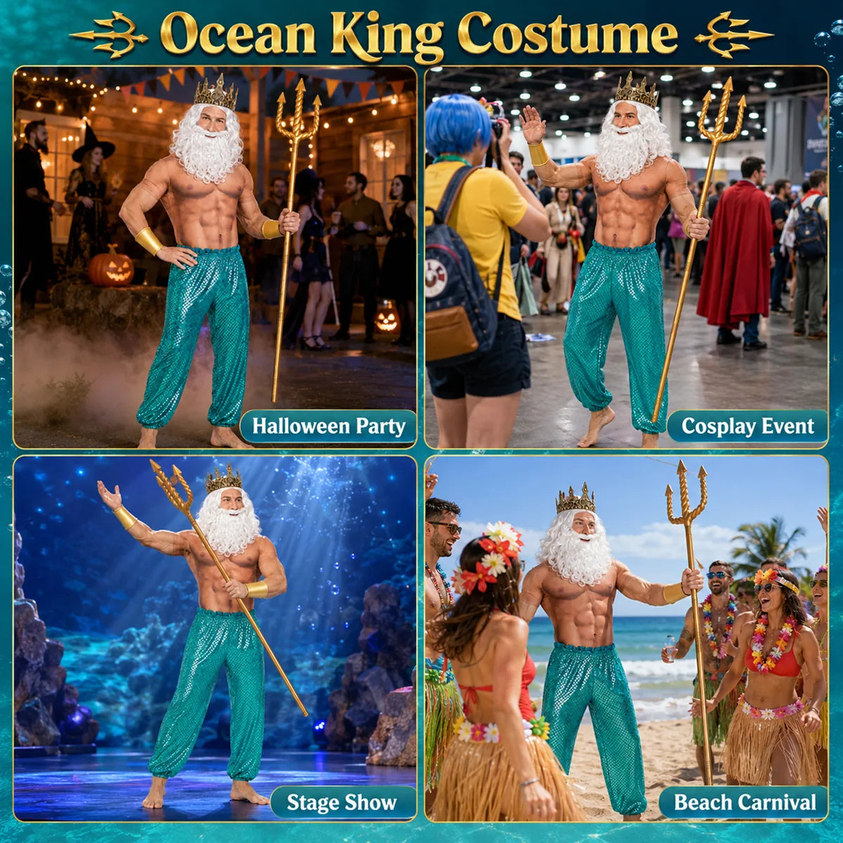 Adult ocean king costume for Halloween cosplay stage and carnival events