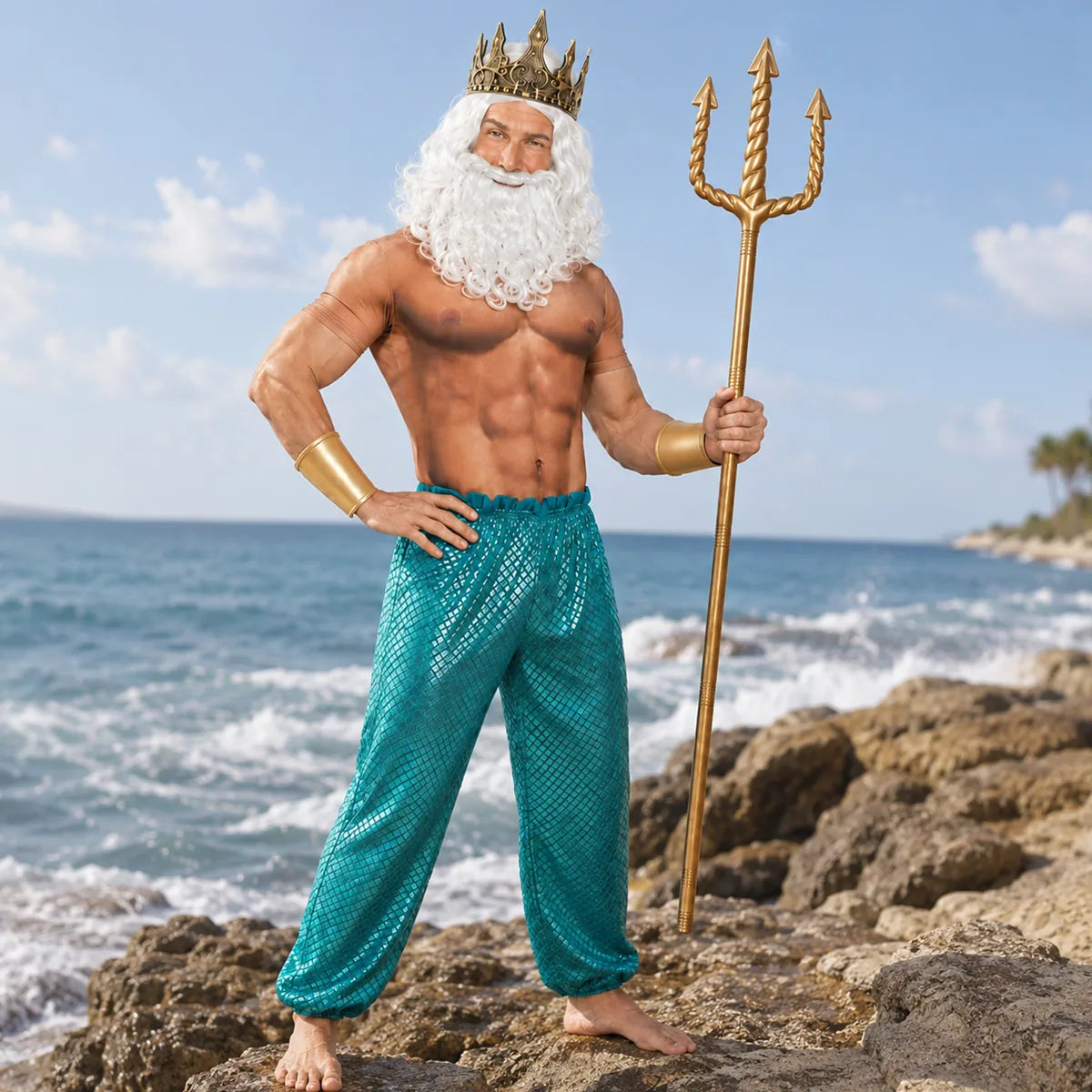 Adult ocean king costume posed by the sea with gold trident