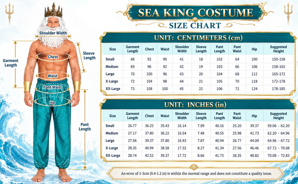 Adult ocean king costume size chart with shirt and pants measurements in centimeters and inches
