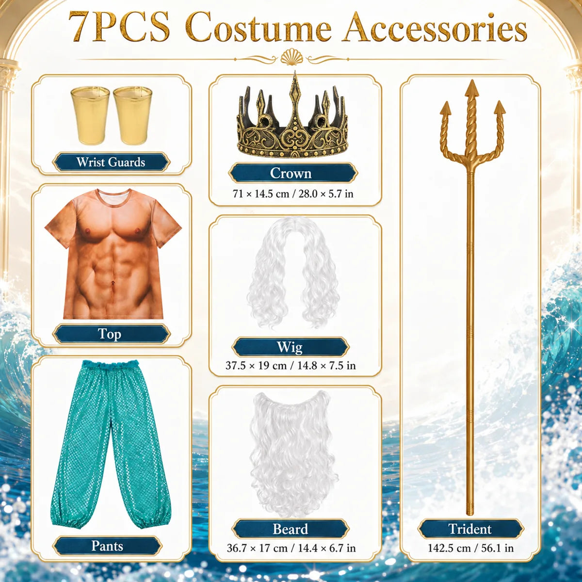Ocean king costume accessory measurements for crown wig beard and trident