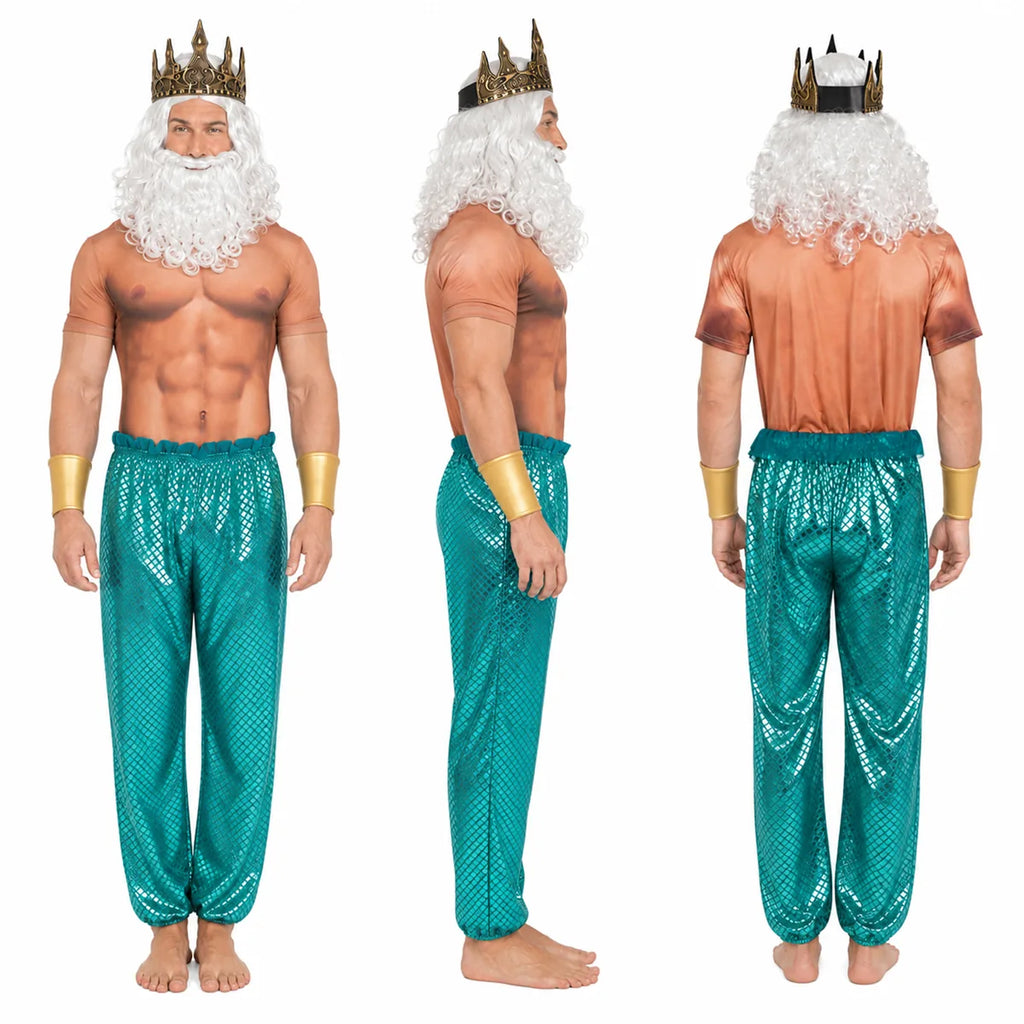 Adult ocean king costume front side and back views