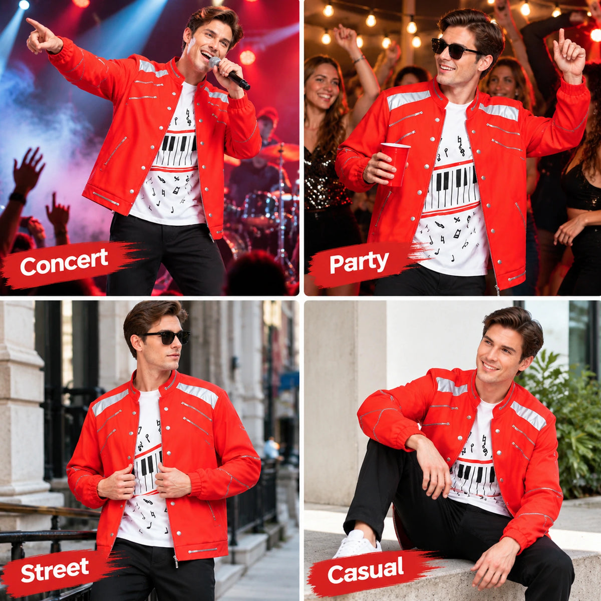 Four panels show the adult pop star costume at a concert, party, street location and casual seated setting.