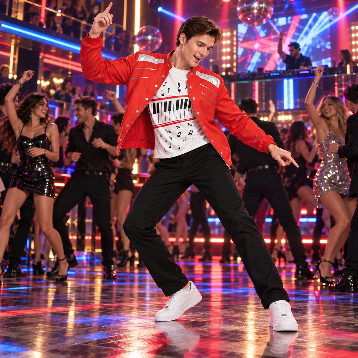 A model dances in the red adult pop star costume on a colorful dance floor.