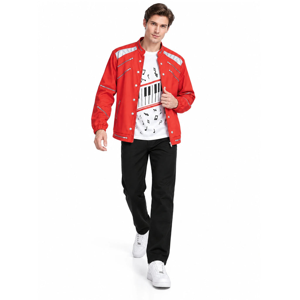 A model stands in the adult pop star costume with a red jacket, white music-print T-shirt and black pants.
