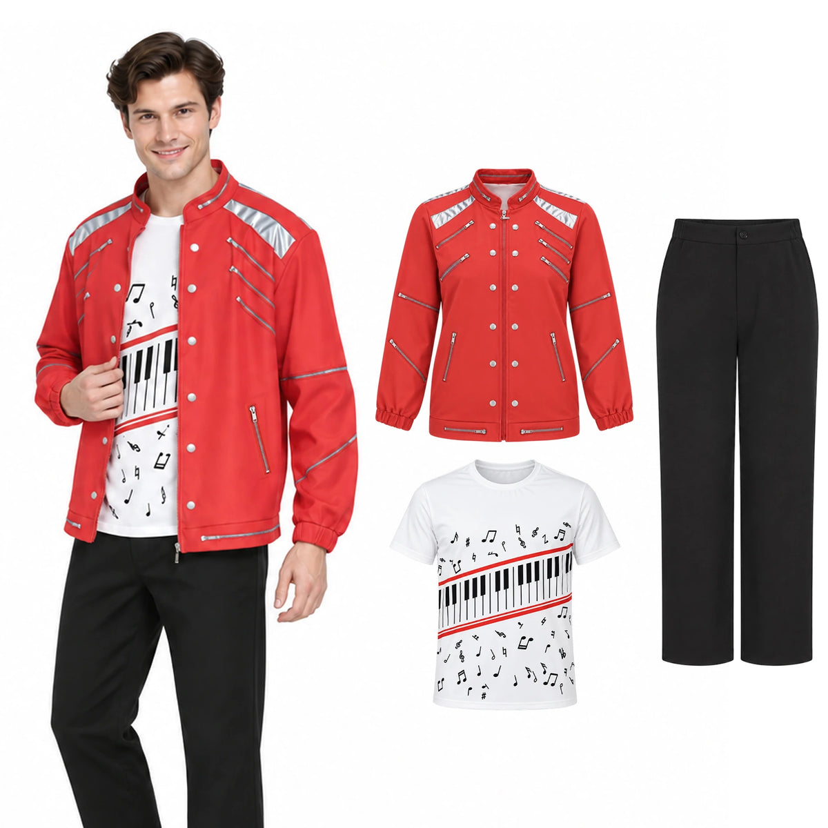 An adult pop star costume is shown on a model beside the red jacket, music-print T-shirt and black pants.