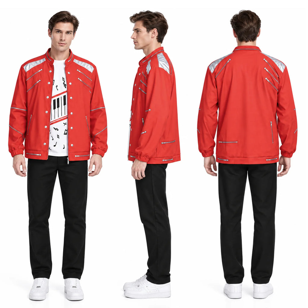 Front, side and back views of the red jacket, white music-print T-shirt and black pants.