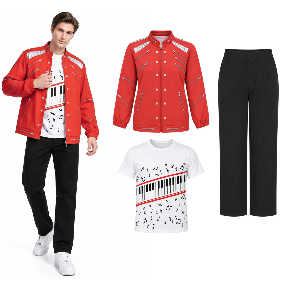 Michael Jackson-inspired adult pop star costume with a red jacket, white music-print T-shirt and black pants shown beside the model.
