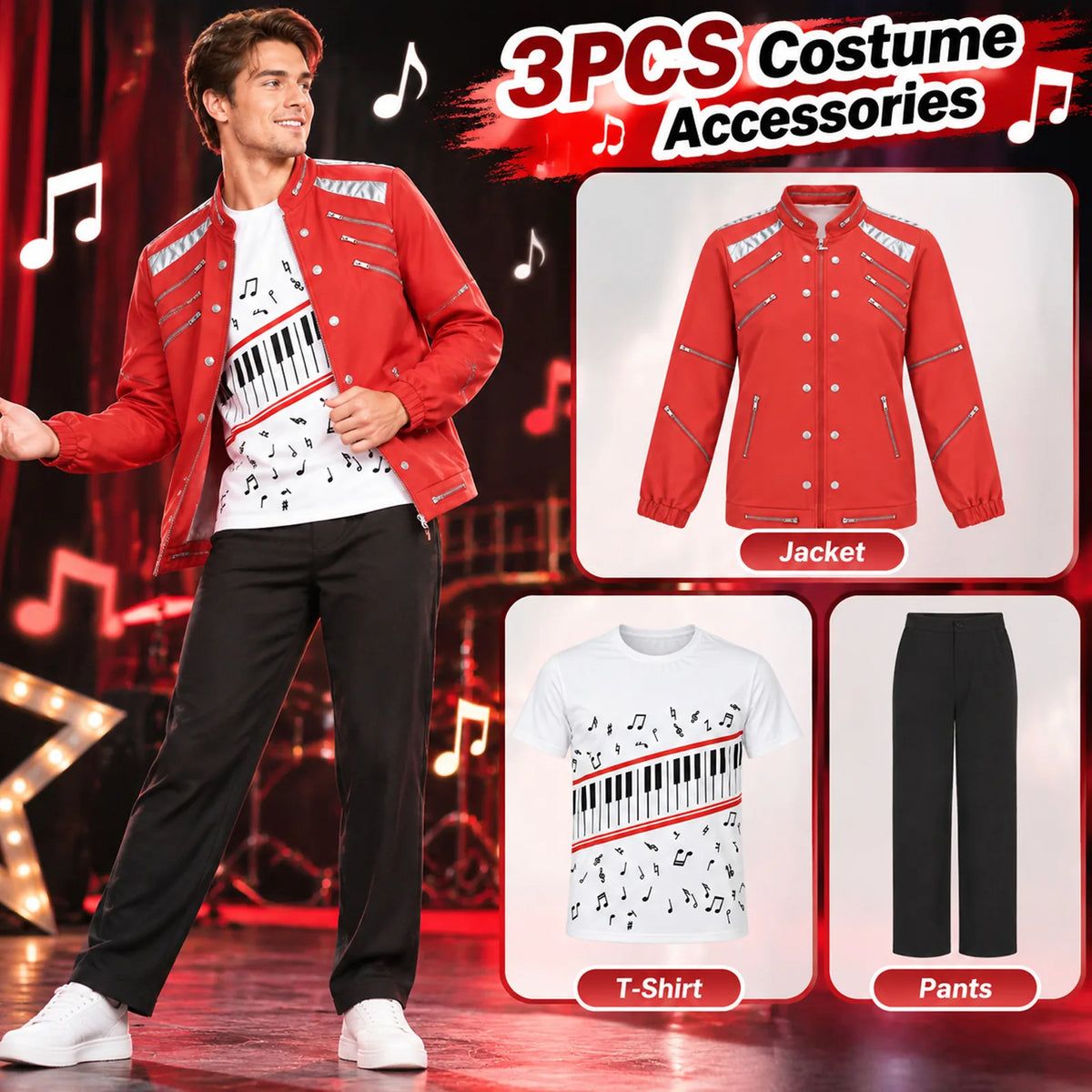 Three-piece set containing a red jacket, a white music-print T-shirt and black pants.