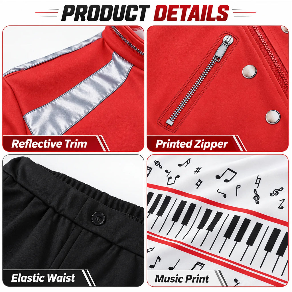 Red jacket decorative printed zipper motifs, shoulder trim, music-print T-shirt and elastic trouser waist.