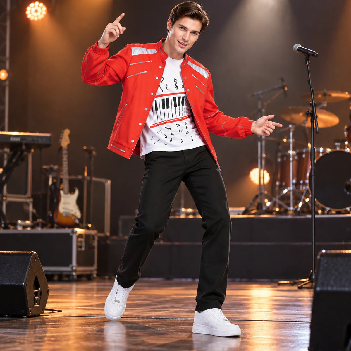 Adult pop star red jacket, music-print T-shirt and black pants shown in a stage setting.