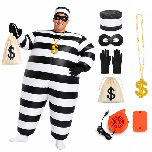 Adult burglar costume with an inflatable striped suit and the complete included accessory set.