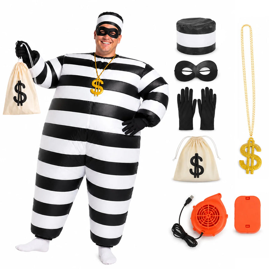 Adult burglar costume with an inflatable striped suit and the complete included accessory set.
