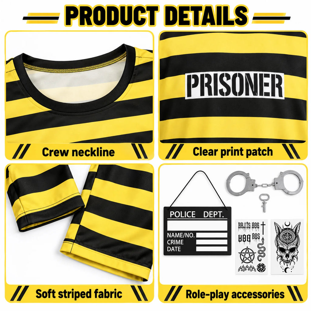 Close-up detail view of the adult black and yellow striped prisoner costume fabric and chest print.