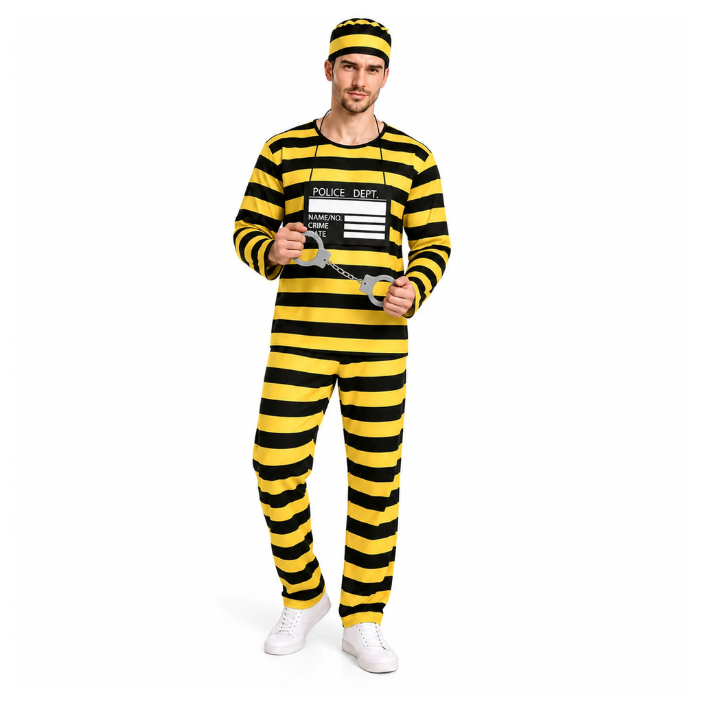 Adult model wearing the black and yellow striped prisoner costume shown from the front view.