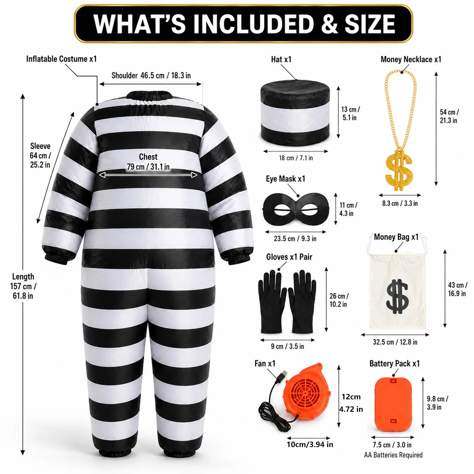 Adult prisoner costume contents and measurements shown in inches and centimeters for the suit and accessories.