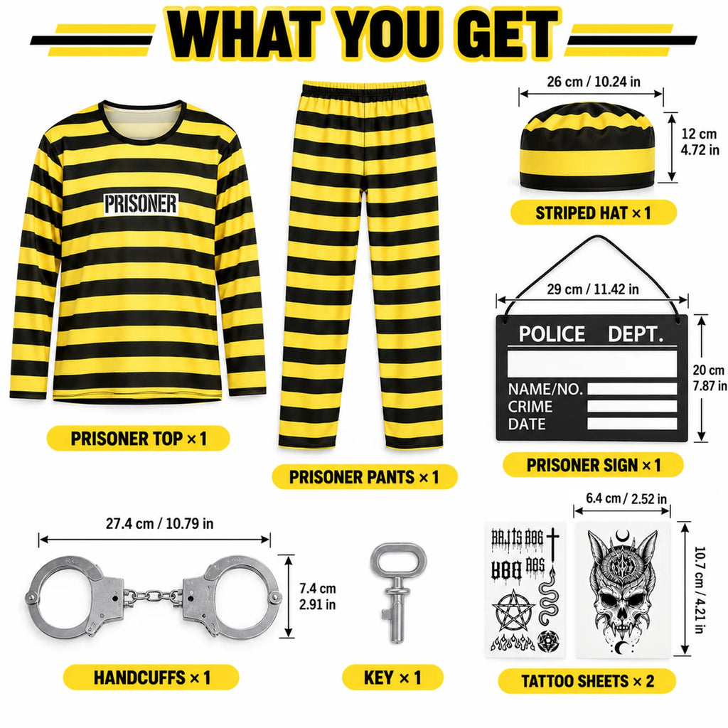 Adult prisoner costume set contents laid out, including top, pants, hat, sign, handcuffs, key and tattoo sheets.