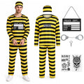 Adult black and yellow striped prisoner costume set shown with hat, sign, handcuffs and tattoo sheets.