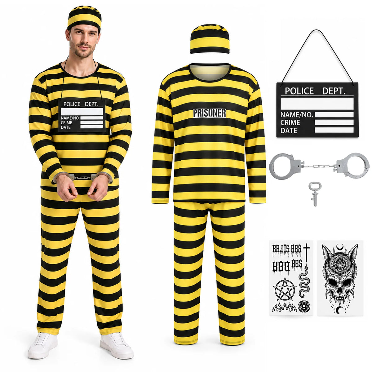 Adult black and yellow striped prisoner costume set shown with hat, sign, handcuffs and tattoo sheets.