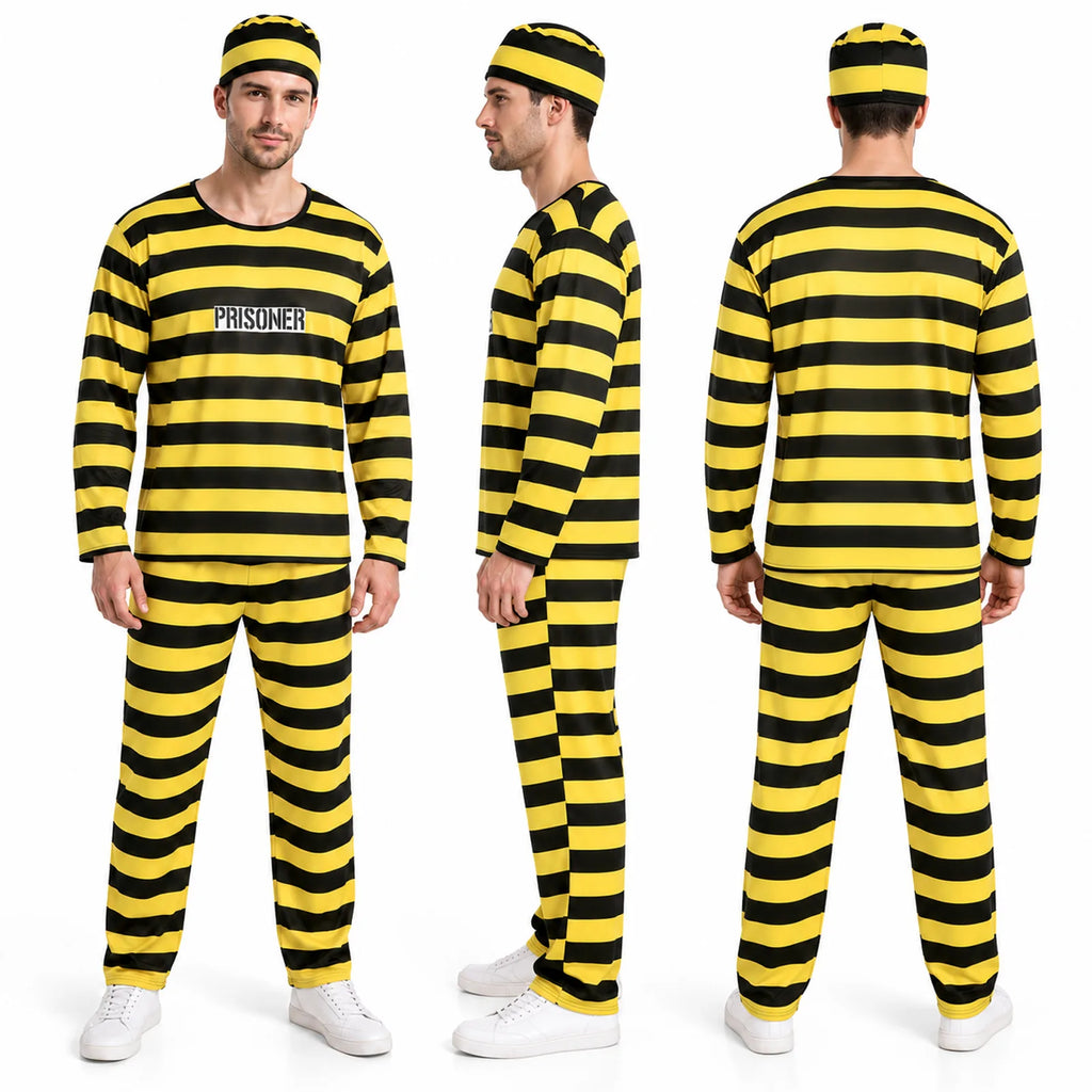 Adult striped prisoner costume shown from multiple angles to display the full front and back design.