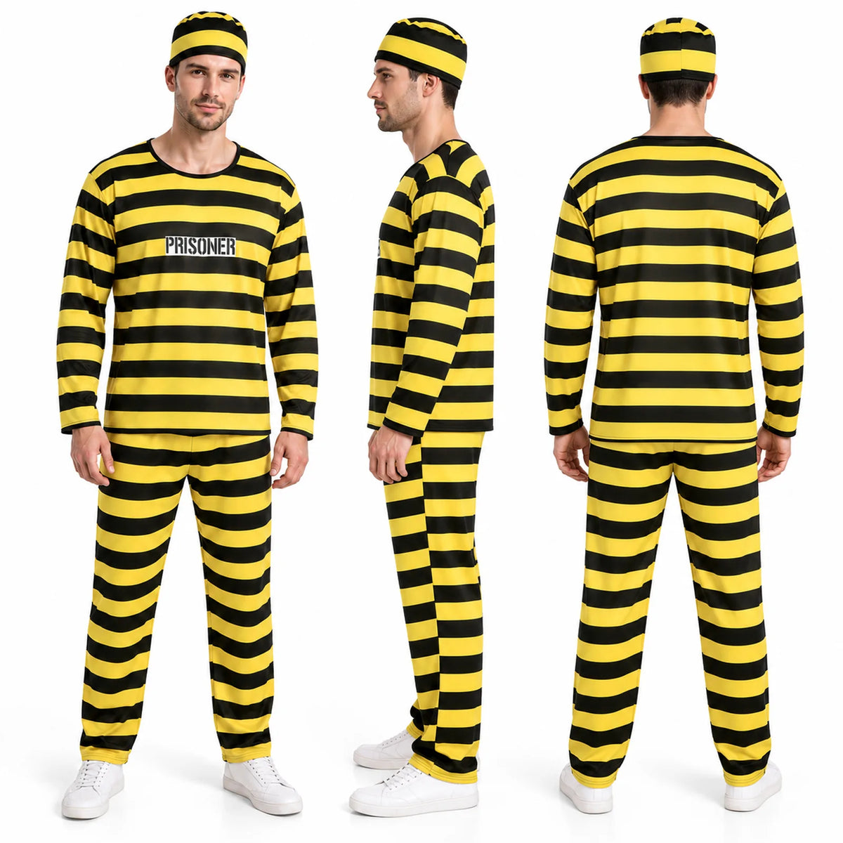 Adult striped prisoner costume shown from multiple angles to display the full front and back design.