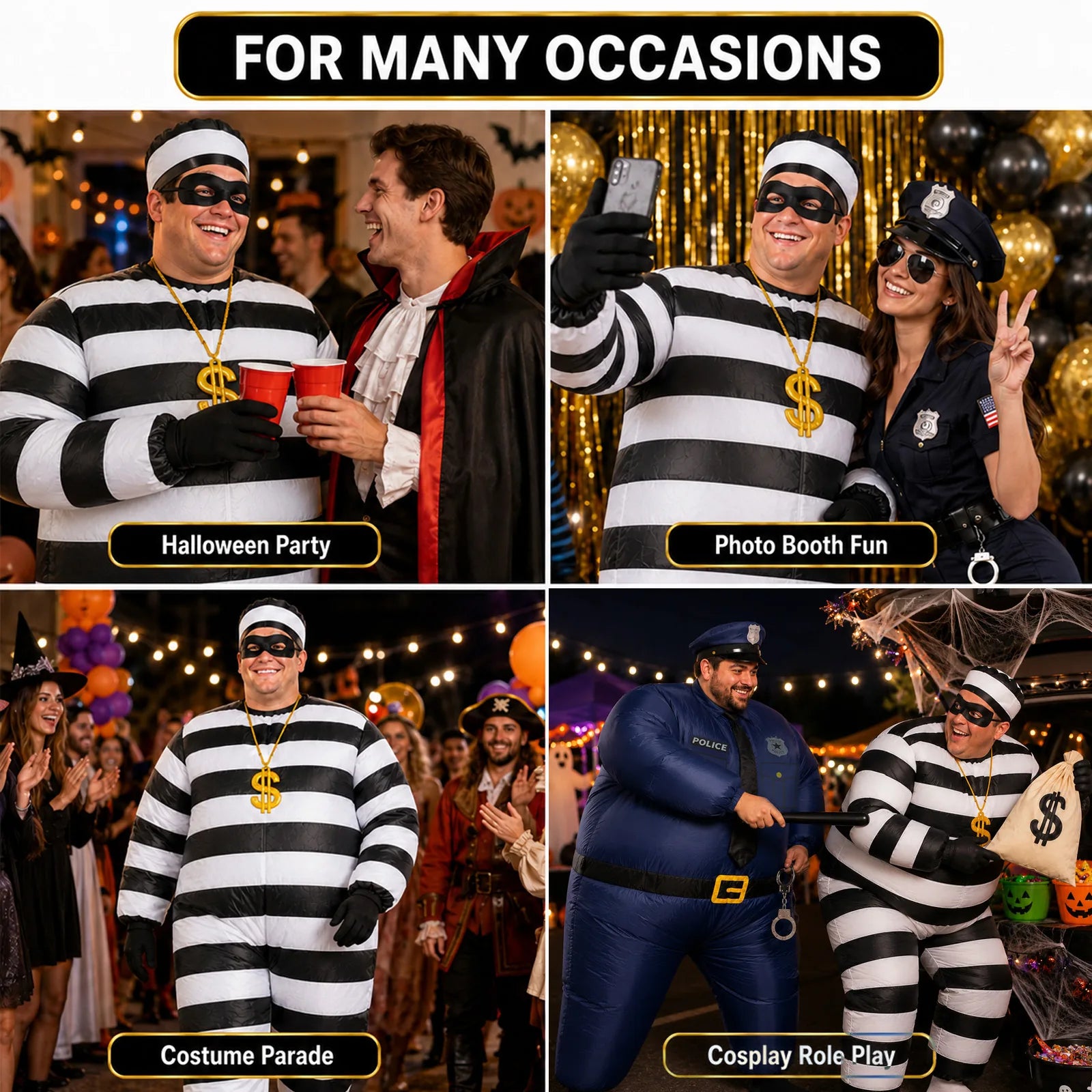 Adult burglar costume worn at Halloween parties, photo booths, costume parades and comic role-play events.