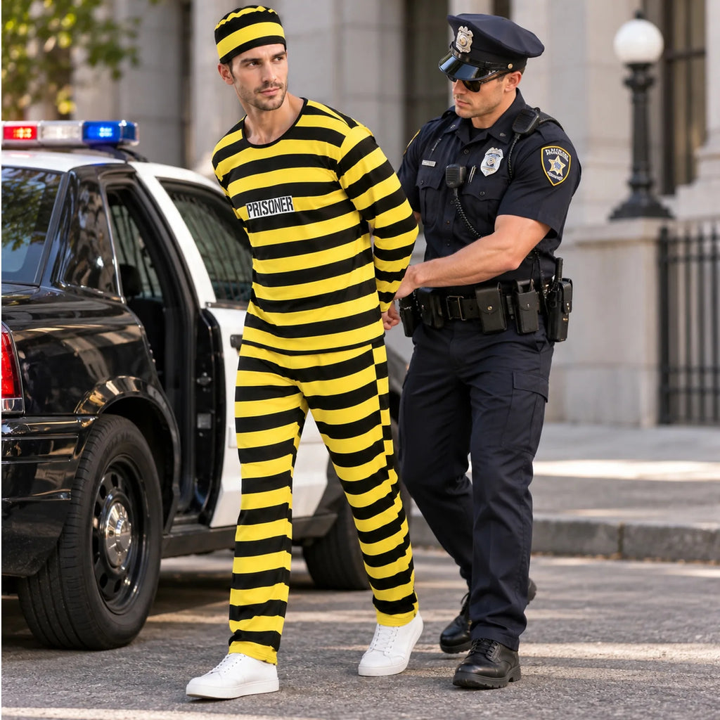 Man wearing the black and yellow striped prisoner costume escorted by a police officer beside a police car.