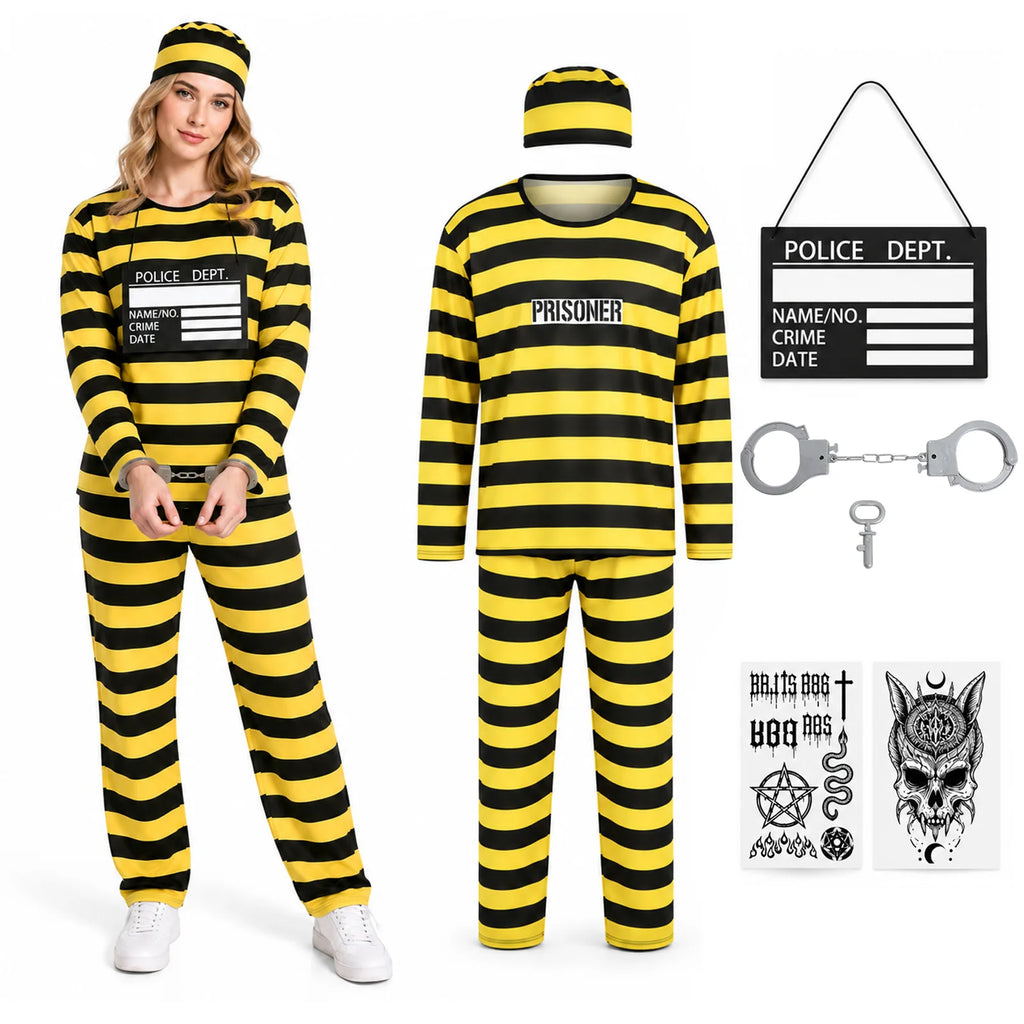 Adult prisoner costume 5-piece outfit and accessories laid out together in black and yellow stripes.