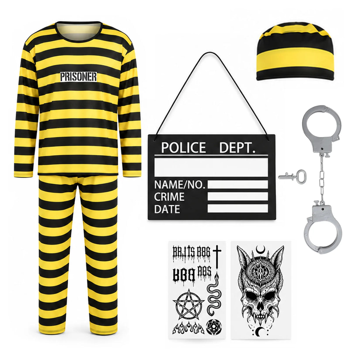 Adult model wearing the black and yellow striped prisoner costume shown from an alternate side angle.