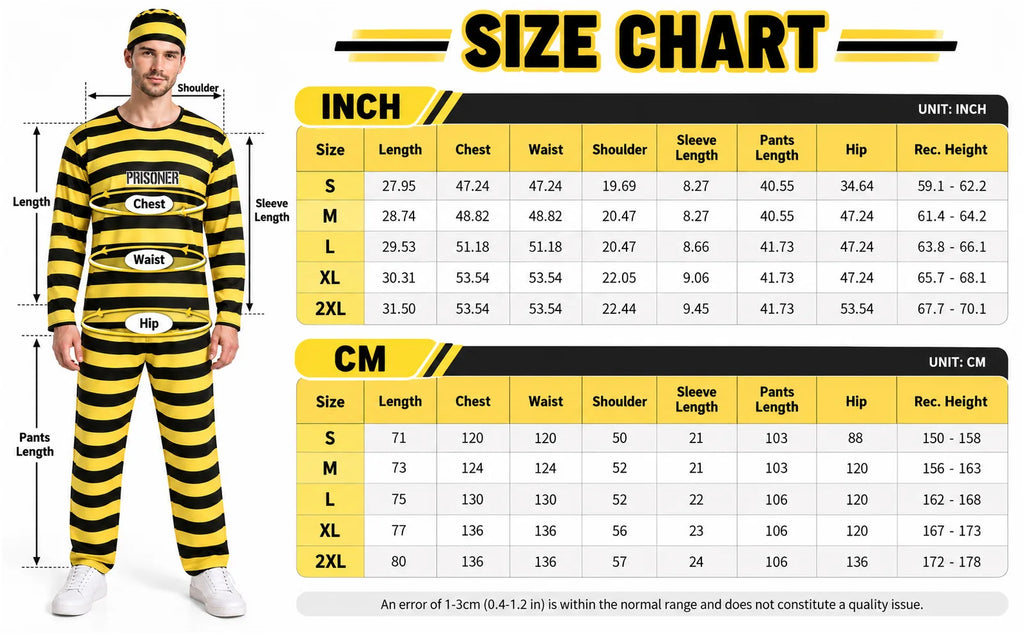 Size chart for the adult striped prisoner costume listing measurements for sizes S, M, L, XL and 2XL.