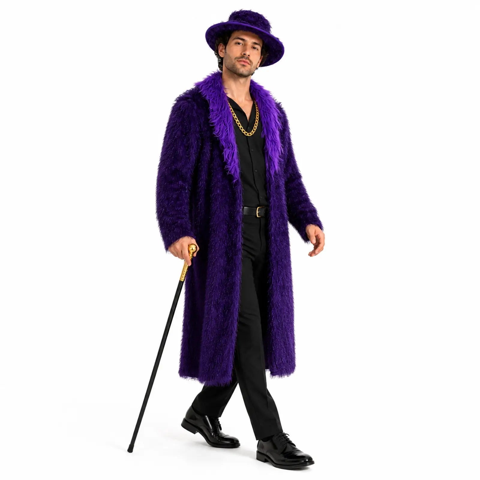Adult model wearing a purple faux fur Adult model wearing a purple faux fur costume set with hat cane and gold chain