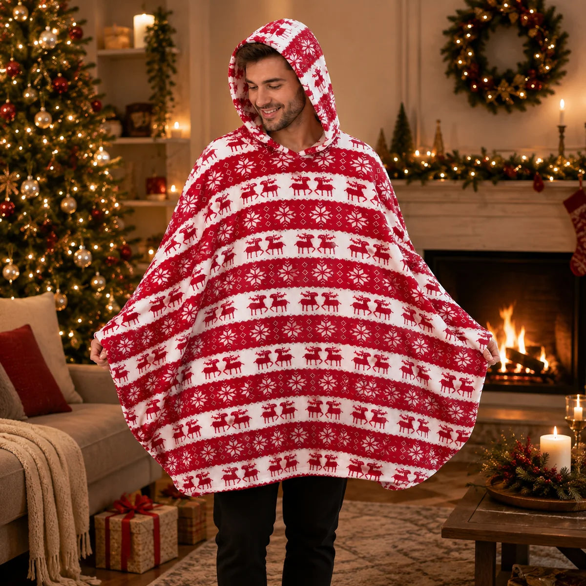 Man wearing red Christmas blanket poncho by fireplace