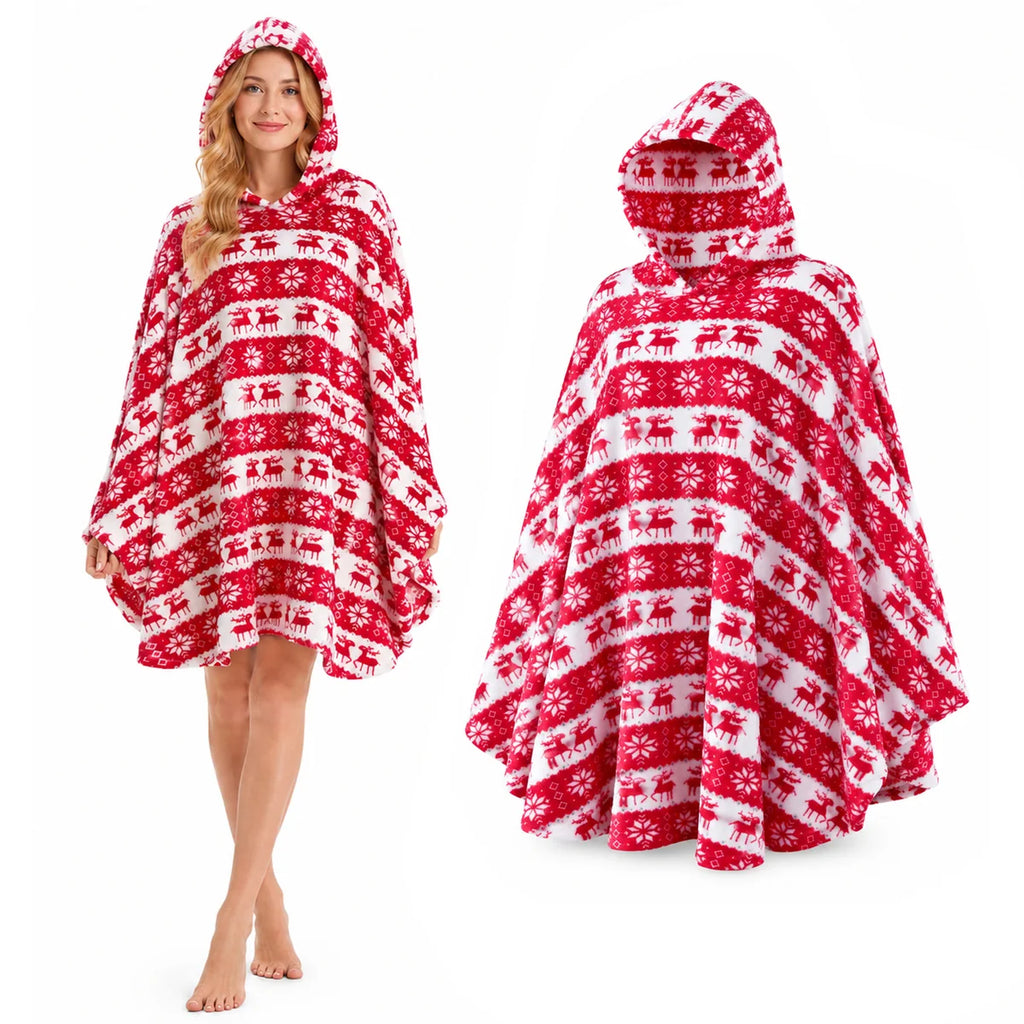 Adult red Christmas wearable blanket poncho front and back
