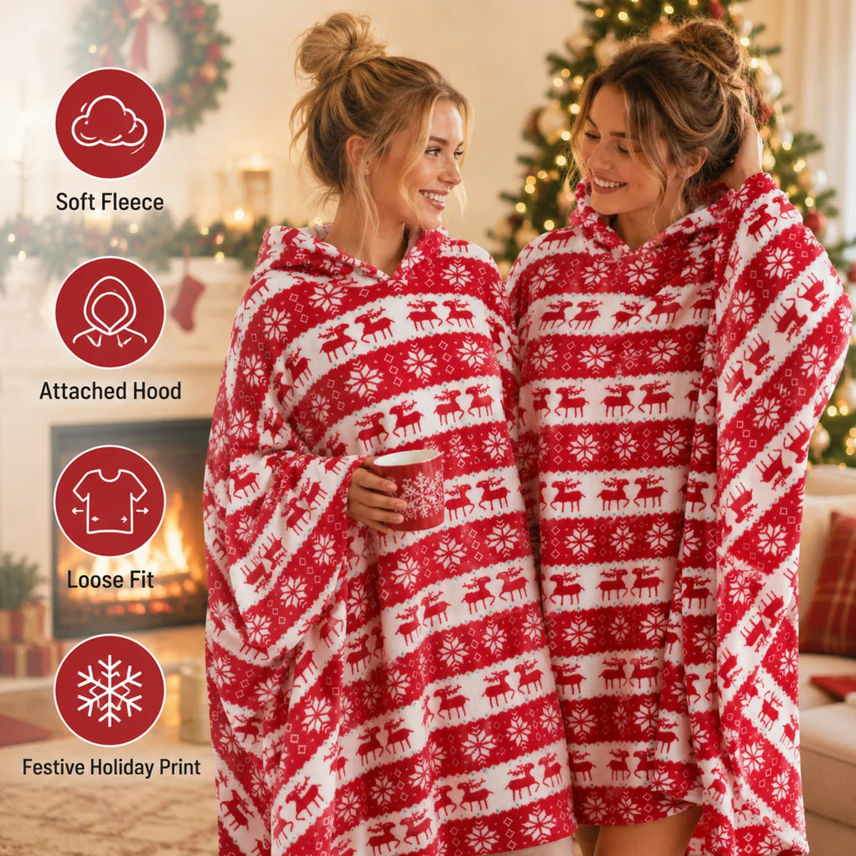 Red Christmas hooded blanket soft fleece and loose fit
