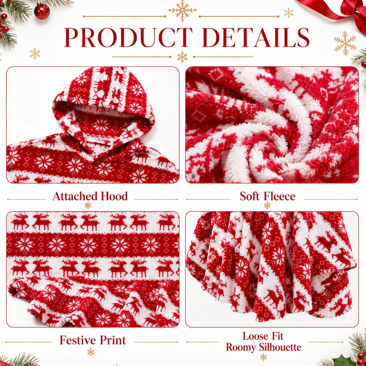 Close-up details of attached hood festive print and fleece texture
