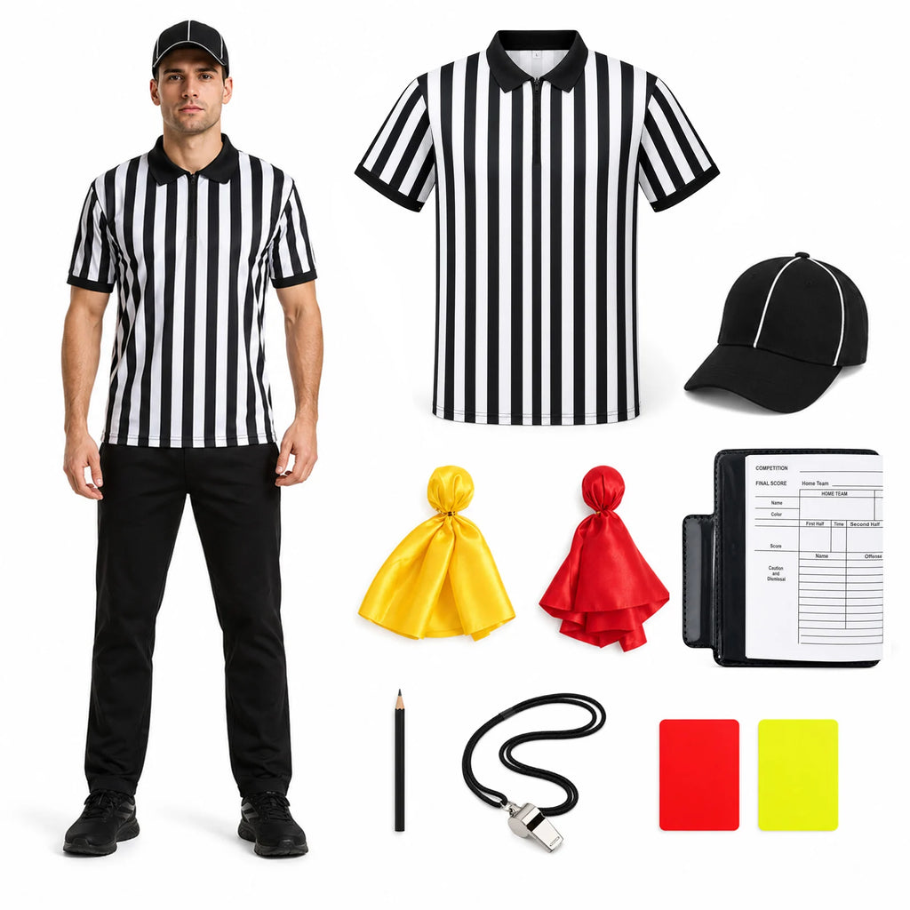 Adult wearing a black and white referee shirt beside the included cap flags cards whistle book and pen.