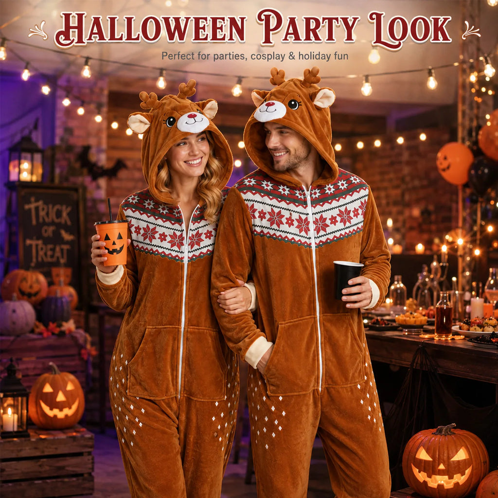 Adult reindeer costume onesie styled for a festive winter party.