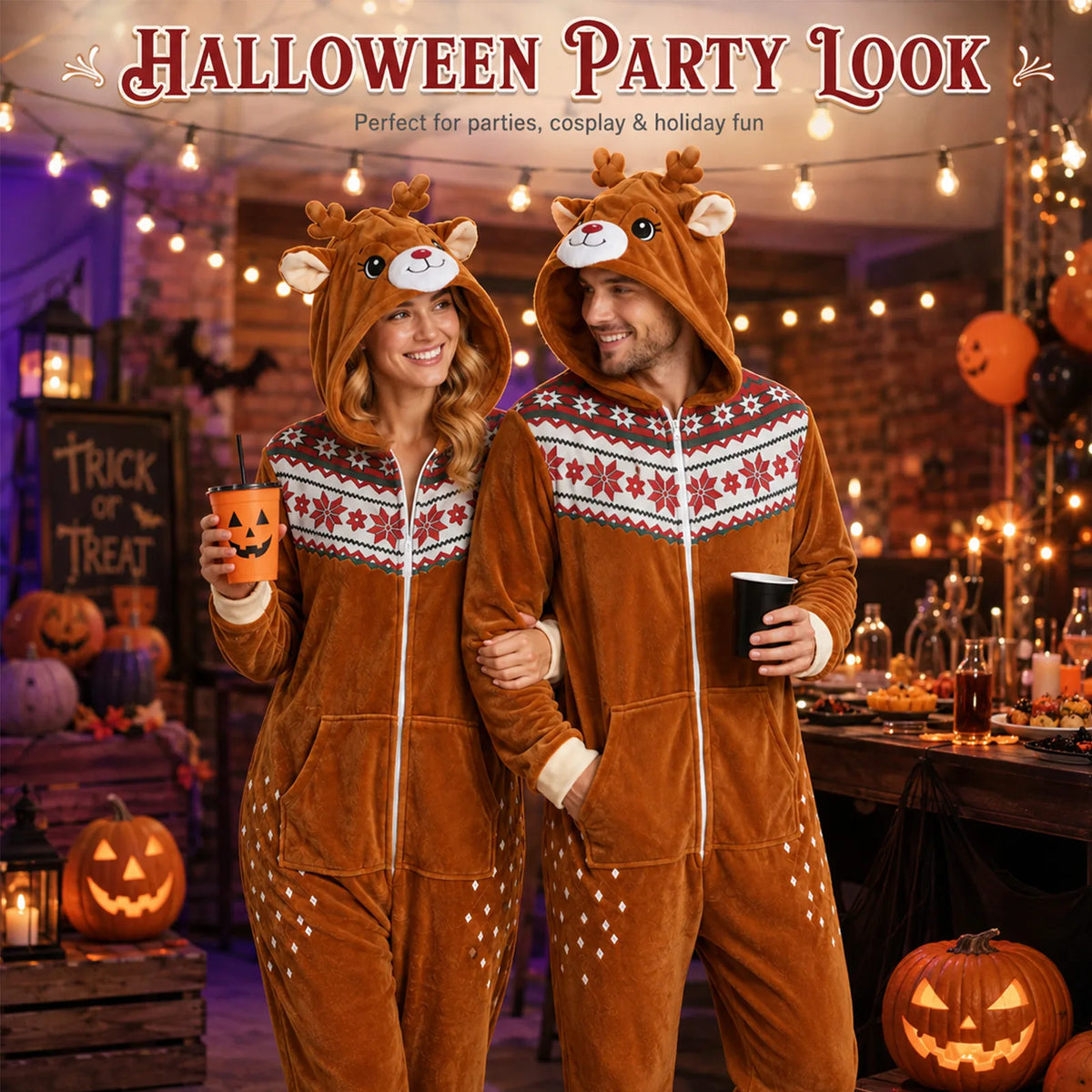 Adult reindeer costume onesie styled for a festive winter party.
