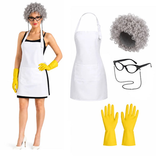 Adult retro cleaning lady costume apron wig glasses and gloves