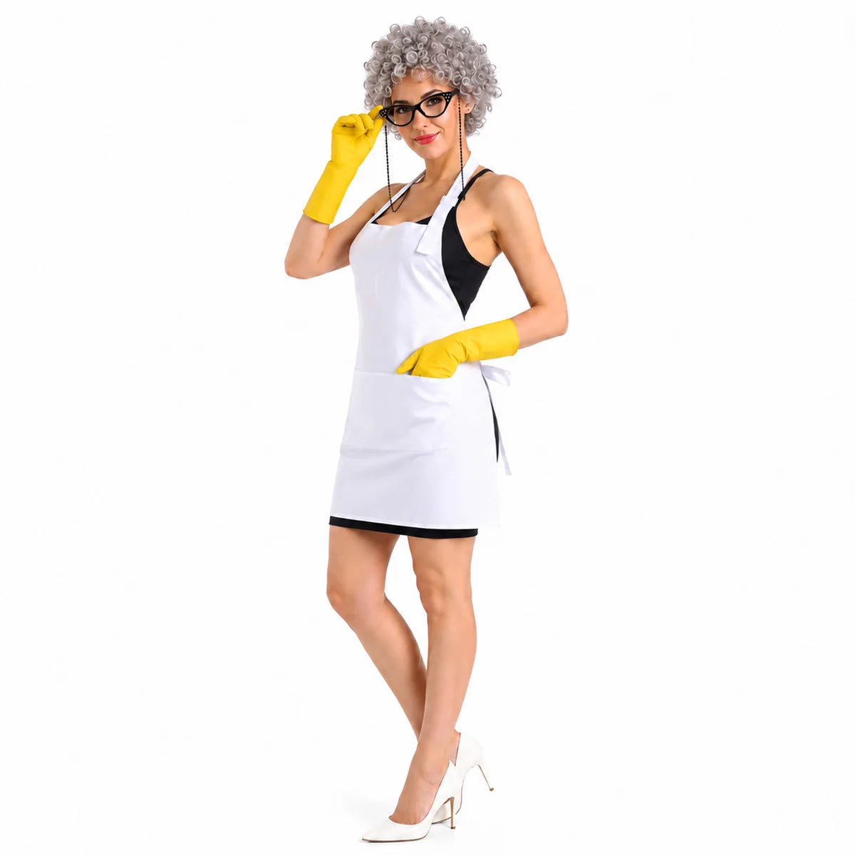 Woman wearing retro cleaning lady Halloween costume
