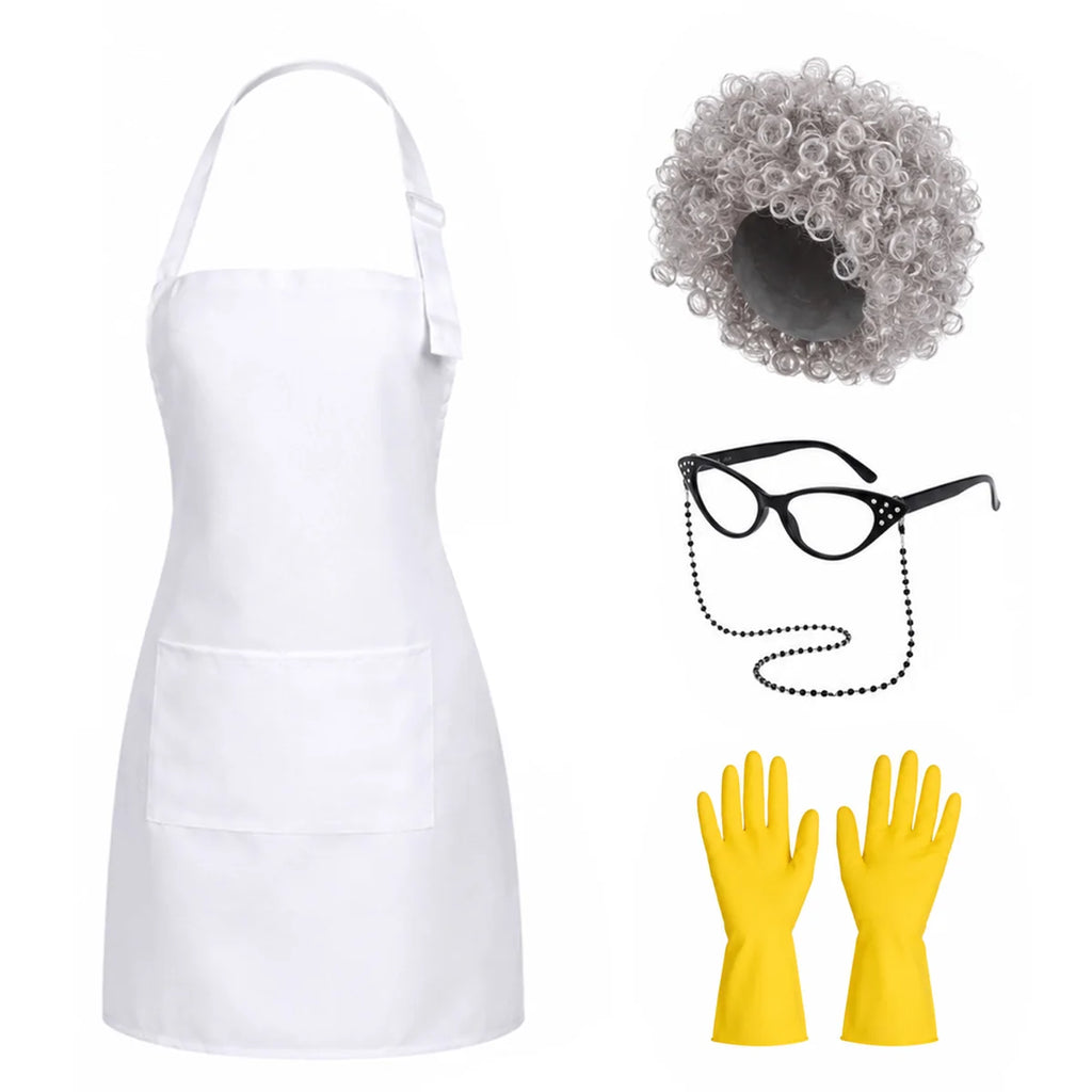 Cleaning lady costume components including apron wig glasses and gloves