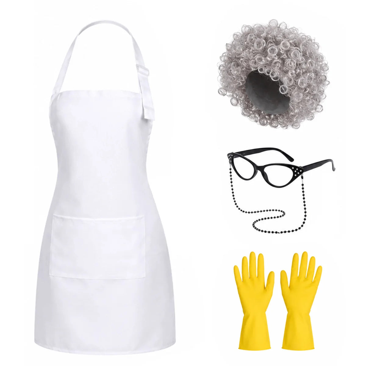 Cleaning lady costume components including apron wig glasses and gloves
