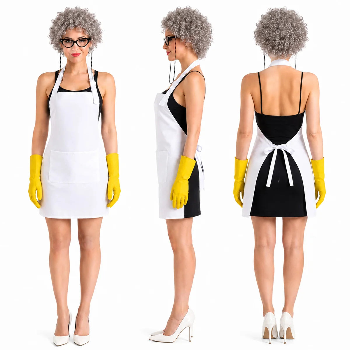 Adult cleaning lady costume front side and back views