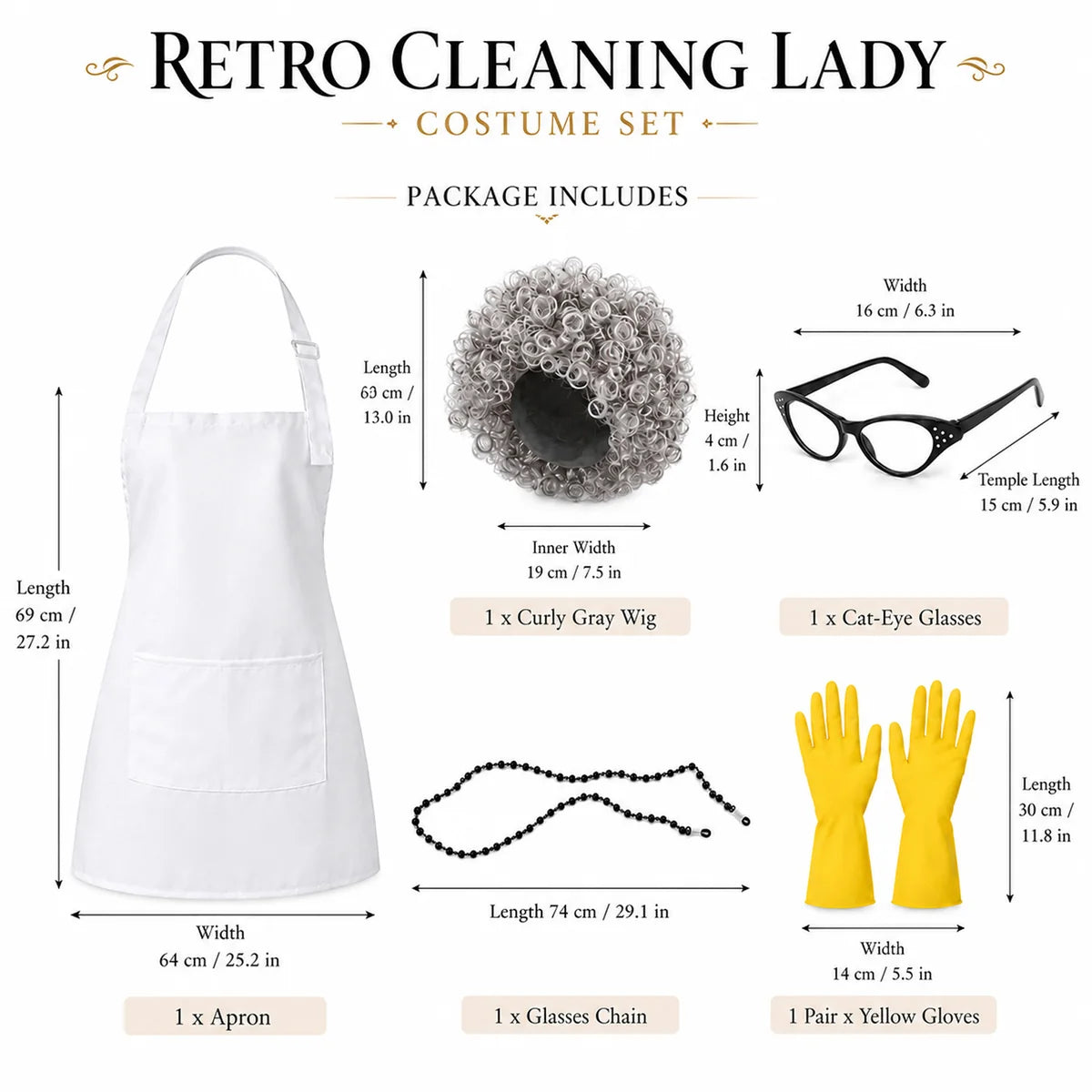 Retro cleaning lady costume component measurements