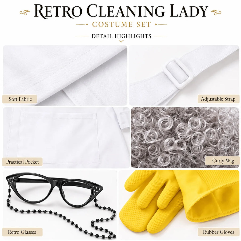 Close-up details of apron wig cat-eye glasses and rubber gloves