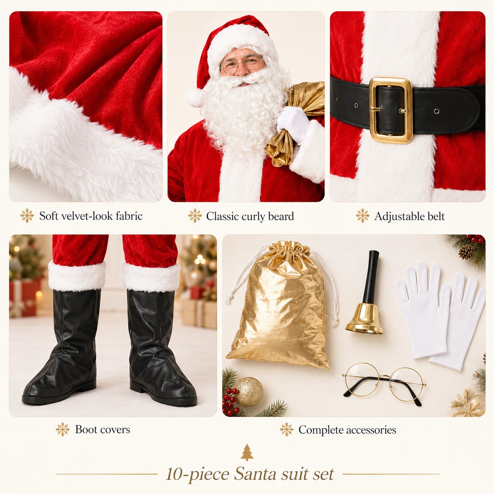 Adult Santa costume fabric trim belt boot covers and accessory details