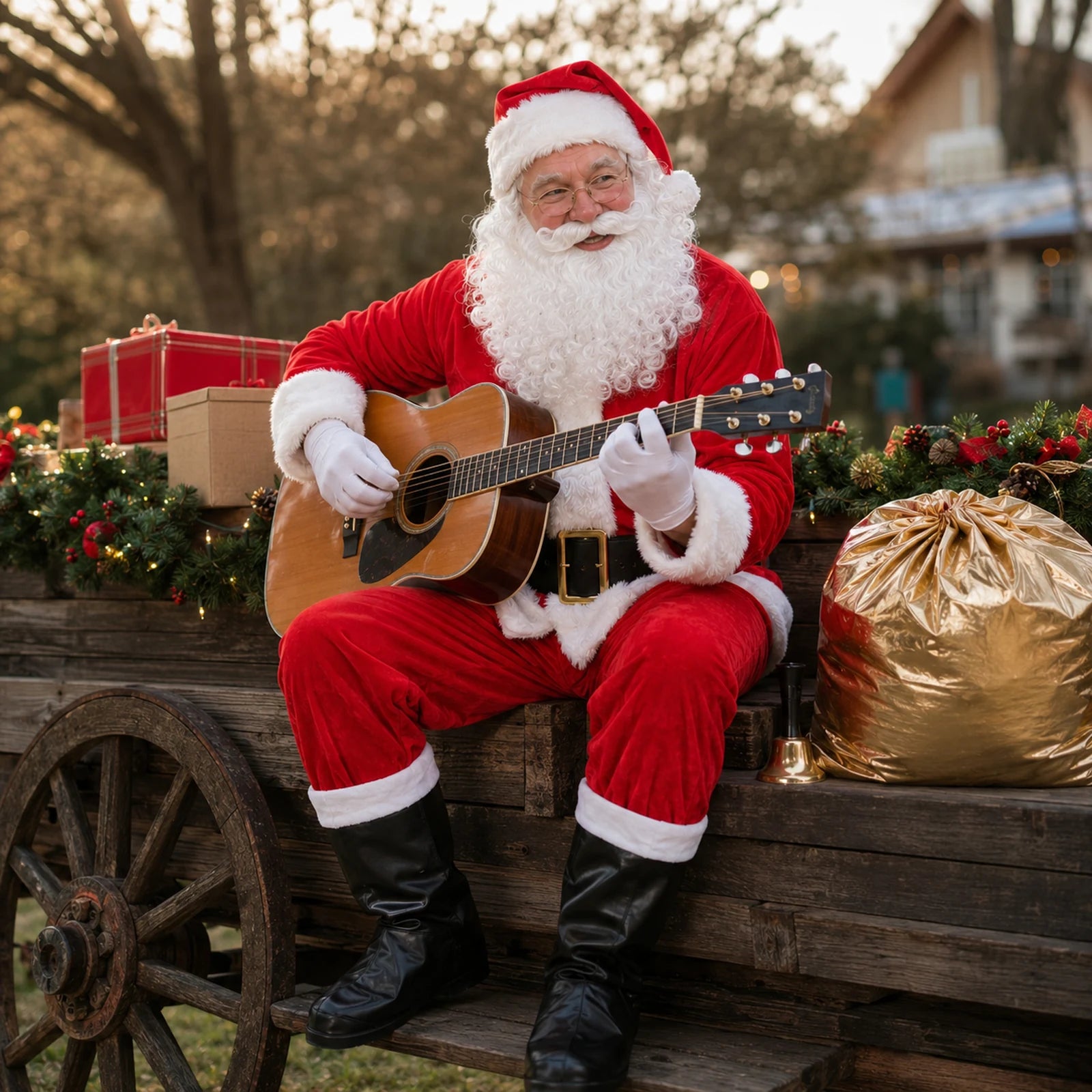 Adult Santa suit costume worn at an outdoor holiday music event