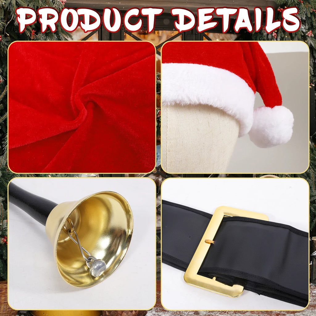 Adult Santa suit costume details including trim belt and accessories
