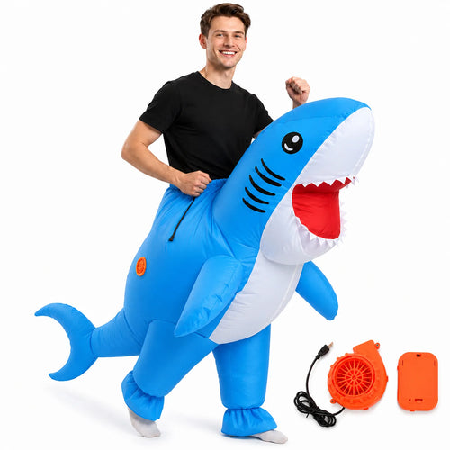 Adult inflatable shark costume in blue, front view