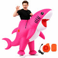 Adult inflatable shark costume in pink, front view