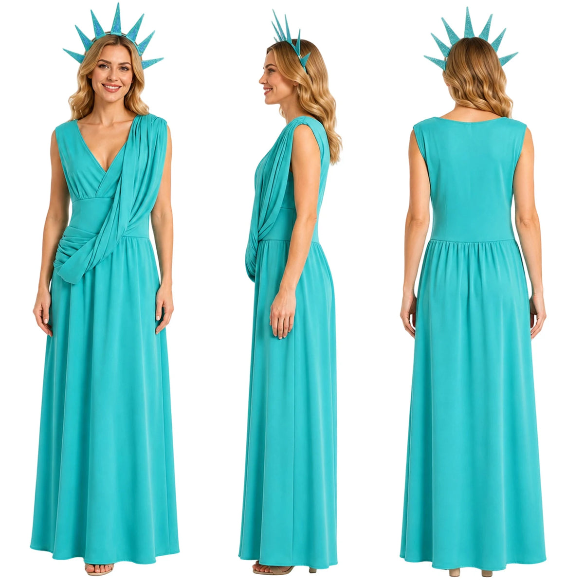Front, side and back views show the adult turquoise Statue of Liberty dress with crown headband and torch.